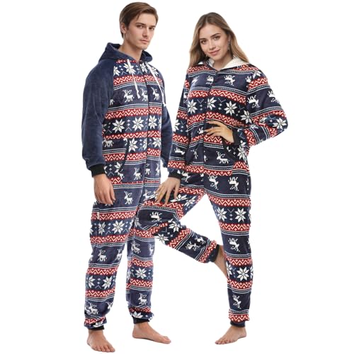 QIYUANT Pyjamas jul familj varm flanell dragkedja i ett stycke höst vinter vår jumpsuit helkläder familj julpyjamas för dam herr barn par, Herr_älg marinblå, L