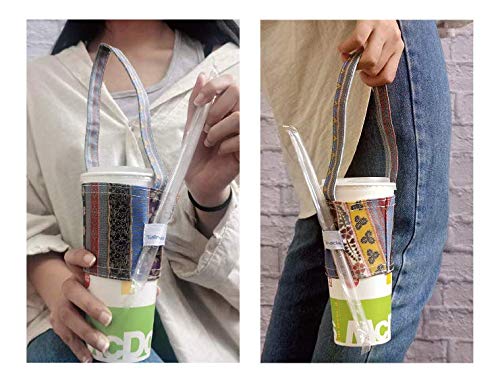 Image of Portable Coffee & Boba Cup Sleeve Strap w /Straw Loop (Ethnic Pattern)