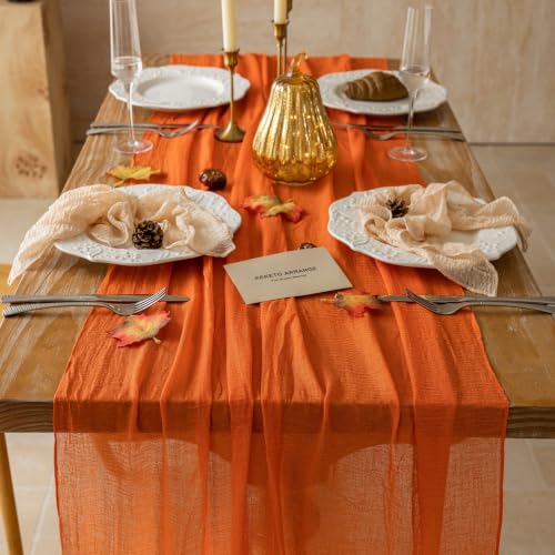 Image of 2Pcs Fall Orange Cheesecloth Table Runner 120 Inch Party Home Decor | For Thanksgiving Friendsgiving Wedding Bridal Shower Baby Shower Engagement Party Rustic Boho Autumn Home Decor