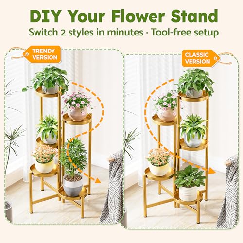 NQW Tall Gold Plant Stand Indoor Outdoor, Corner Metal Flower Pot Stands for Multiple Plants, 5 Tiered Heavy Duty Plant Shelf for Patio Garden Balcony Living Room Bedroom - GoldDisk — view 4