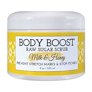 Body Boost Milk & Honey Sugar Scrub 8 oz- Help Prevent Dry Skin, Stretch Marks, and Scars- Pregnancy and Nursing Safe- Allergen Free