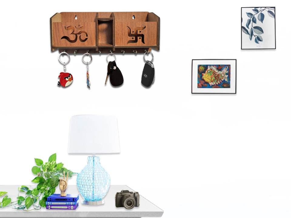 Image of Wooden Om Design TV Remote Mobile Stand Key and Pen Holder for Home, Office, Hall, Living Room Pocket Pen Special Designer Home Furnishing Two Box Wall Mounted Wall Keys Holder