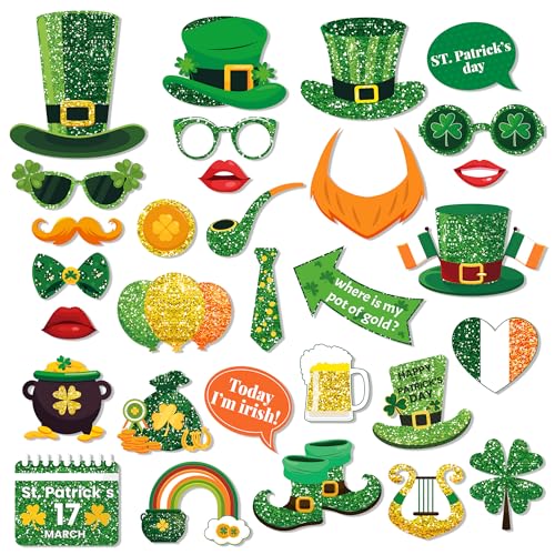 CC HOME 30Pcs Happy St. Patrick's Day Photo Booth Props, Green Lucky Four-Leaf Clover Party Decorations Party Favor for Birthday Party Supplies Party Essentials with Long Bamboo Sticks Sponge Glues