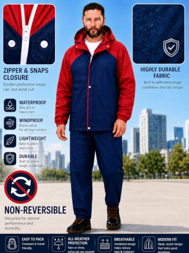 Image of Mens Raincoat Suit with Pant Set Modestra Series | Waterproof Lightweight Breathable Rain Wear | Waterproof Zipper Raincoat for men waterproof