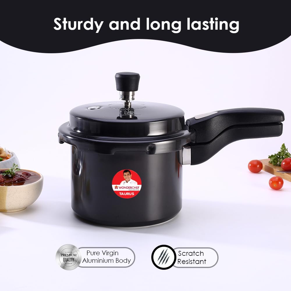 Wonderchef Taurus Hard Anodized Outer Lid Pressure cooker, 3 liter, Cool Touch Handles for Durability, Induction Friendly, Black, 5 year warranty, ISI Certified 1