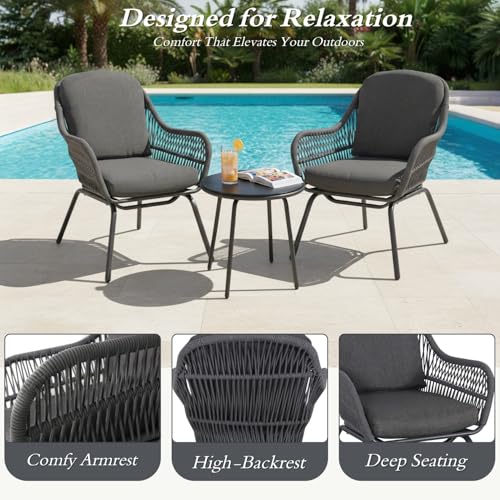 Image of DEVOKO 3 Piece Outdoor Conversation Set with Handwoven Rope Chairs & Waterproof Cushions in Grey - Perfect for Backyards & Gardens