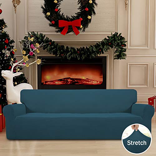 Image of Easy-Going Stretch 4 Seater Sofa Slipcover 1-Piece Sofa Cover Furniture Protector Couch Soft with Elastic Bottom for Kids, Polyester Spandex Jacquard Fabric Small Checks Deep Teal