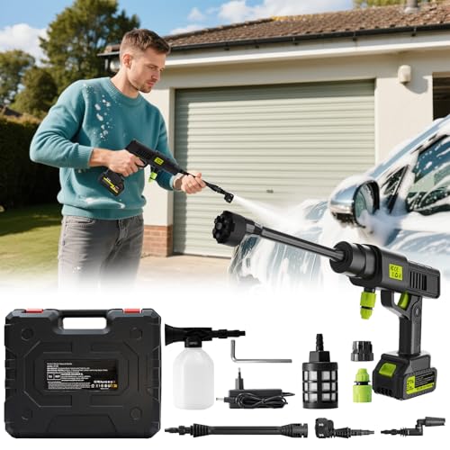 Olubfdh Idropulitrice a batteria,21V 4000mAh Idropulitrice portatile con Tubo da 5M, Ugello 6 in 1,Comoda Valigetta,idropulitrice professionale per Auto,Giardino,Terrazza, Prato e Irrigazione