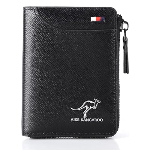Image of Men Wallet Zipper Genuine Leather Purs, Aiks Kangaroo Wallets, PU Stylish Soft Simple Design RFID Protected Wallet (Texture Black)