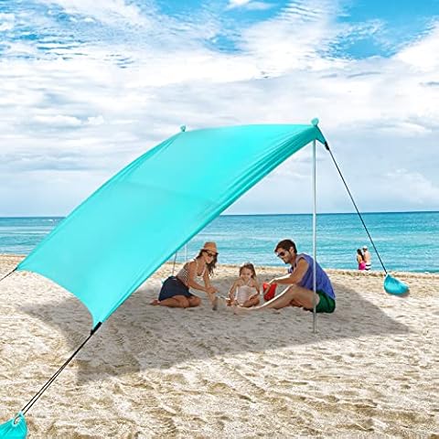 AKLIFFE Beach Tent Sun Shelter Sunshade, UPF50+ Beach Canopy for 4 People, Easy Setup, Portable Camping Sun Shelter Shade for Beach, Picnic, Camping, 7x7ft with 2 Poles, 4 Sand Anchors & Ground Pegs Cover