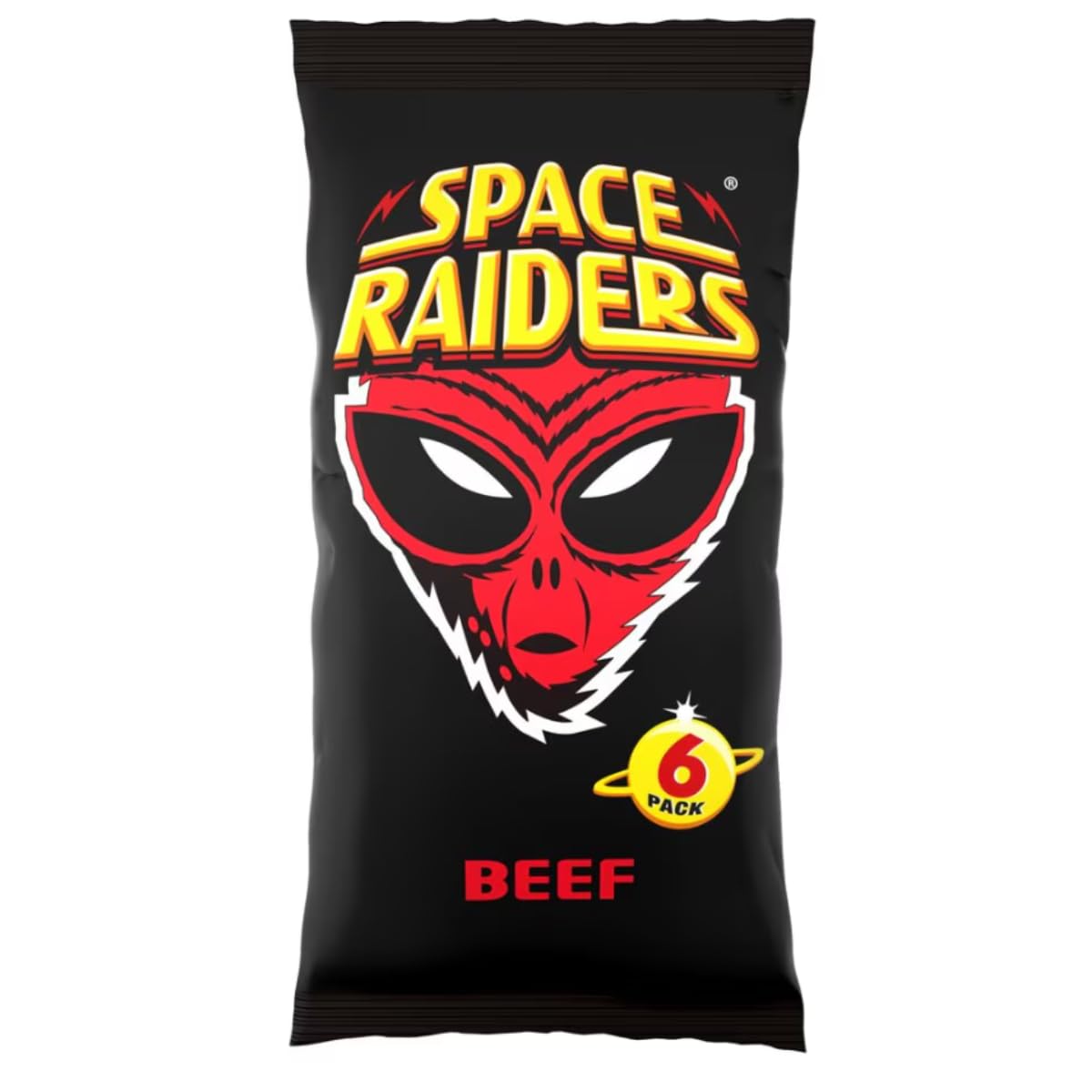 Space Raiders Beef Multipack Crisps 6X13g, Beef Flavour Corn Snacks, Artificial Colours, Artificial Flavours, MSG (Glutamate), Suitable for Vegetarians.