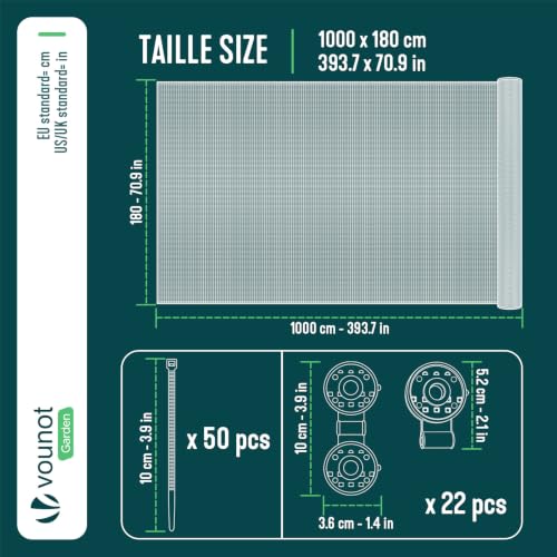VOUNOT® Zaunblende 1.8×10m, Sichtschutz Zaun HDPE Schattiernetz, Windschutz UV-resistent Reißfest, 75% Beschattungsgrad, mit Löcher, Spezialclipund und Kabelbinder, Grün