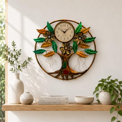 Image of STREET CRAFT - Multicolor Tree of Life Metal Wall Decor with Clock Handpainted Iron Floral Leaf Wall Art for Living Room Bedroom Home Decoration (25 x 25 Inch)