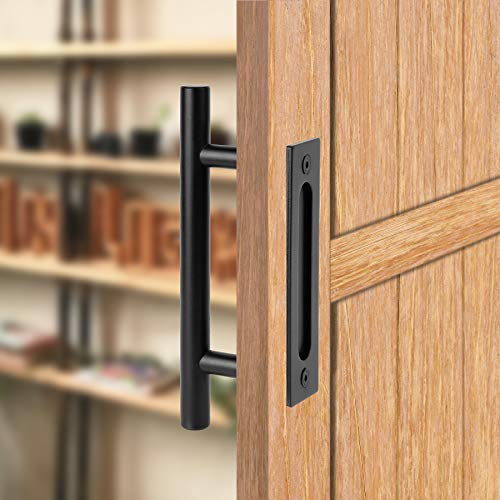 Hillmaster 12" Heavy Duty Sliding Barn Door Pull Handle Set, Rustic Pull And Flush Barn Door Pull Handle With Two-Side Design, Round Black Finish Door Hardware For Gate Garage Shed #TOP1