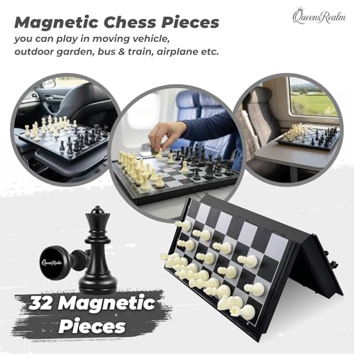 Image of QueensRealm 10 Inch x 10 Inch Magnetic Chess Board Set | Foldable Chessboard for Kids & Adults, Compact & Portable Travel Chess with Inbuilt Storage, 2 Player Board Game (Folding Plastic Chess)
