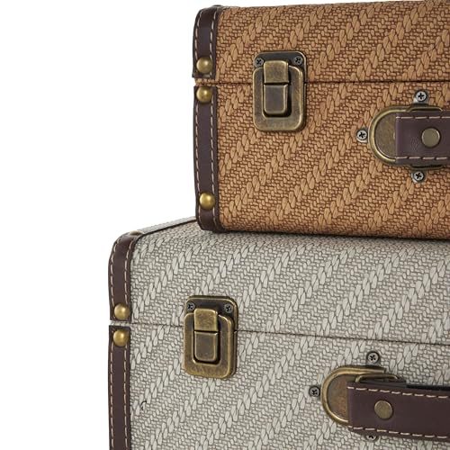 Image of Deco 79 Wooden Decorative Trunk Vintage Studded Woven Storage Decorative Large Boxes with Bronze Latches and Brown Handles, Set of 2 Storage Trunks 16 inch, 14 inchW, Multi Colored