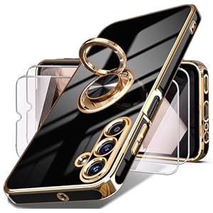 Dretal for Samsung Galaxy A15 5G Case, Screen Protector, 360° Rotatable Ring Holder Magnetic Kickstand,Plated Gold Edge Slim Soft TPU Protective Phone Cover for Galaxy A15 5G (Black)