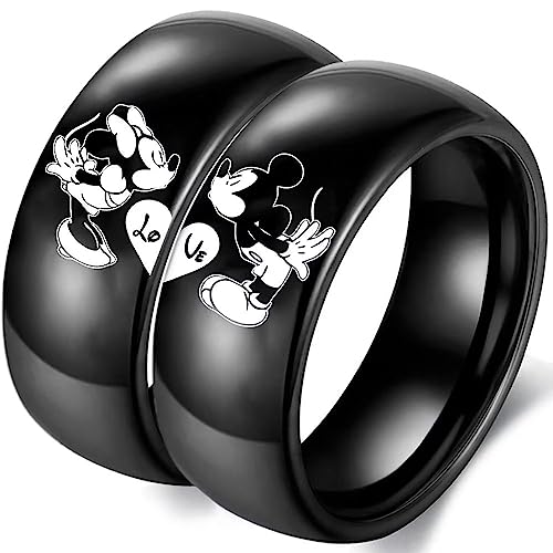 XAHH Love Heart Couple Ring Mickey Minnie's Kiss Romantic Promise Rings Black Wedding Bands for Him and Her Stainless Steel Band Size 5-13
