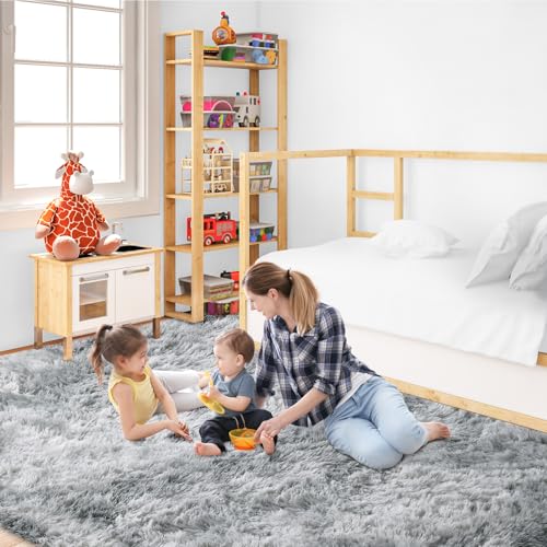 JOJOSEE Hochflor Teppich Wohnzimmer, 160 x 230 cm Anti-Rutsch Wohnzimmerteppich, Waschbarer Flauschiger Teppich für Schlafzimmer & Kinderzimmer, Hellgrau