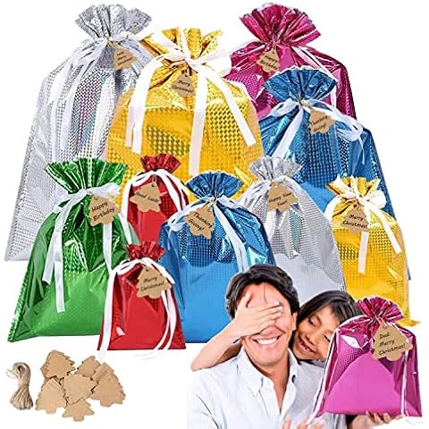 Drawstring Gift Bags Christmas Gift Bags 17pcs Assorted Color Shimmer Wrapping Bags, 17pcs Kraft Paper Christmas Tree Tags Christmas Bags for Holiday Birthday Christmas Party Cover