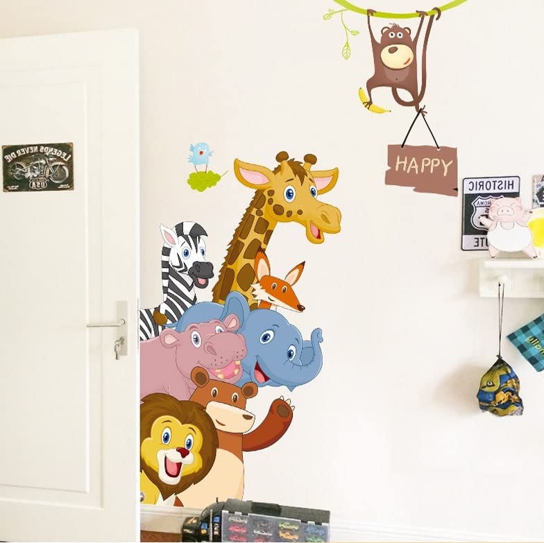 SASTHRA Decors Animals_Happy_WILDS_(60X90) cm SELF Adhesive Peel & Stick Vinyl Wall Sticker for All Room Types