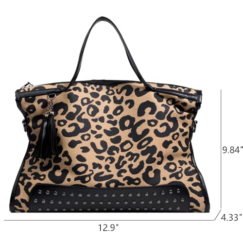 Cartera con estampado de leopardo para mujer, bolso tipo tote con tachuelas, estilo punk, bandolera, hobo con borla y remaches miniatura 3