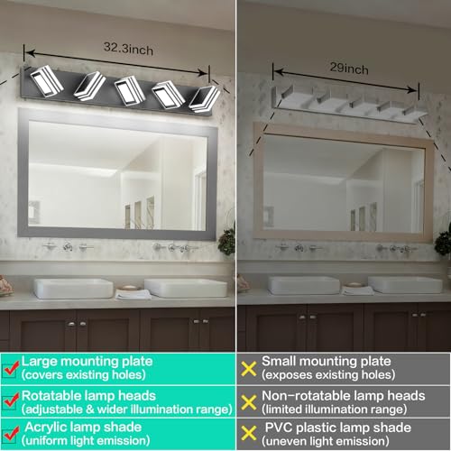Image of SOLFART LED Bathroom Lighting Fixtures - 5 Lights Modern Matte Black Acrylic Vanity Lights for Mirror 32inch 24W