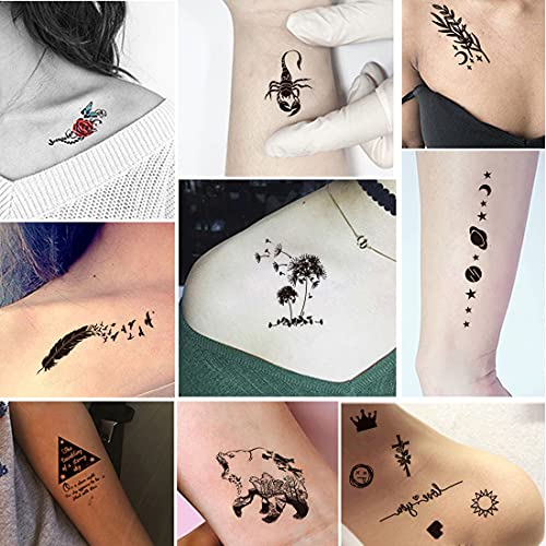 Ooopsiun 50 Sheets 3D Flowers Temporary Tattoos For Women Men Waterproof Roses Black Tiny Crown Scorpion Feather Letters Lines Arm Neck Face Tattoo Sticker Kit #TOP4