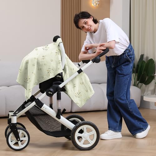 Image of 100% Muslin Cotton Car Seat Cover Baby, Carseat Canopy Cover, Universal Fit Stroller Covers for Boys and Girls (Green Beige Leaf)