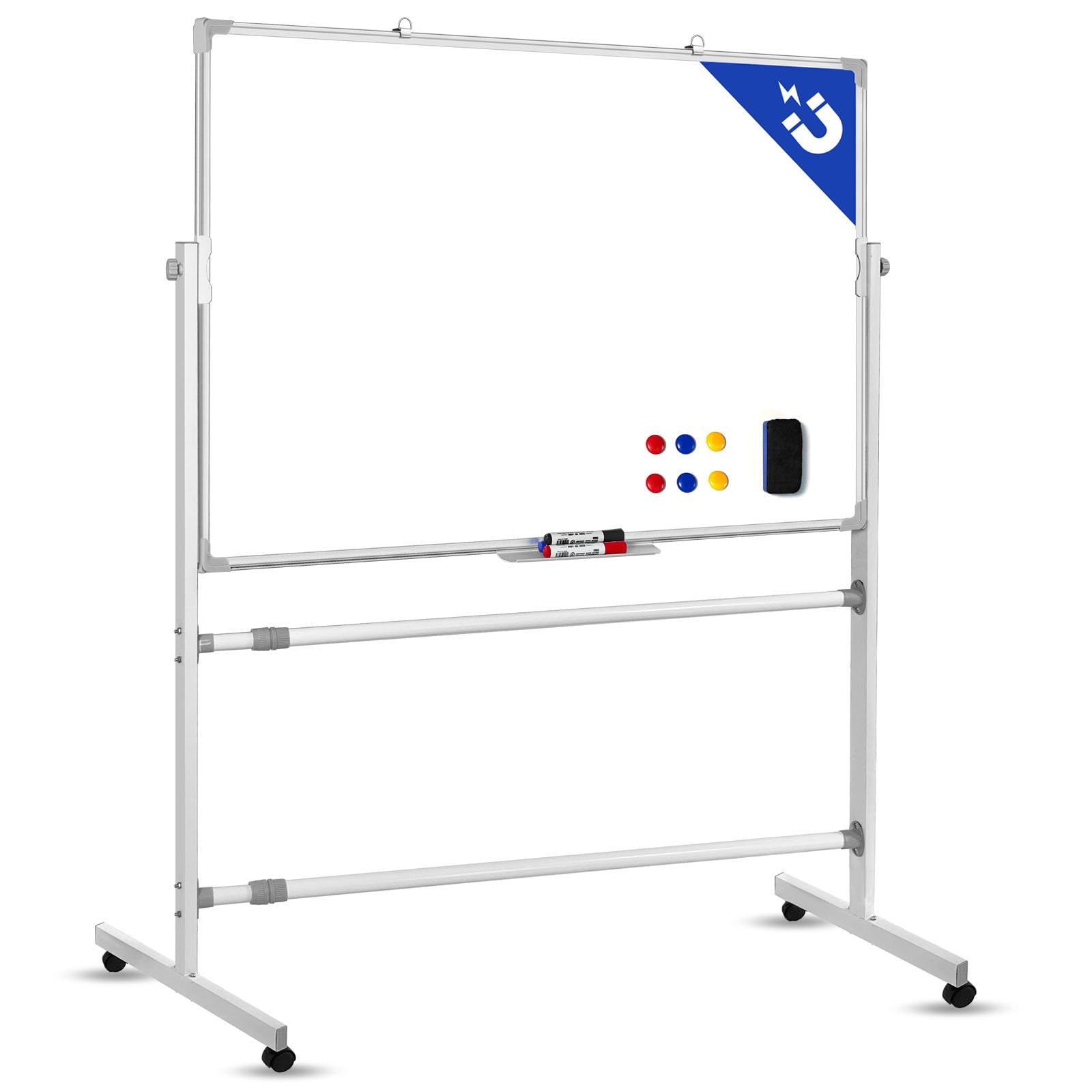 SKY-TOUCH Mobile Whiteboard 90x120cm with Stand, Double Sided Magnetic Whiteboard on Wheels, Mobile Standing White Board for Office, Classroom & Home