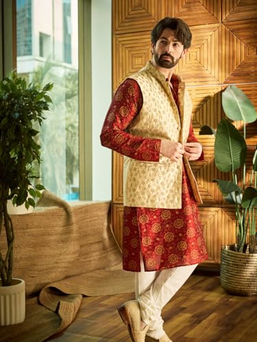 Image of SOJANYA (Since 1958 Men's Silk Blend Printed Maroon Kurta & Beige embroidery Nehru Jacket With Off White Churidar Pyjama
