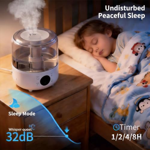 Image of 3L Top Fill Cool Mist Ultrasonic Humidifier | 30H Long Runtime, 32dB Ultra Quiet Baby Nursery Humidifier, Precise Humidity Sensor, Easy to Clean