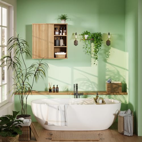 Image of FiveWillowise Fluted Bathroom Wall Cabinet, Small Medicine Wall Cabinet with Doors and Adjustable Shelves, Kitchen Wall Mounted Storage Cabinet, Floating Space Saver Over Toilet, Natural