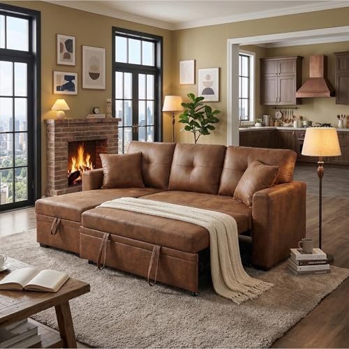 Image of KEIKI 71 inch L Shaped Sofa with Pull Out Sofa Bed, Sectional Sleeper Sofa with Reversible Chaise, 3 Seater Modular Sectional Sofa with Storage for Living Room, Light Brown