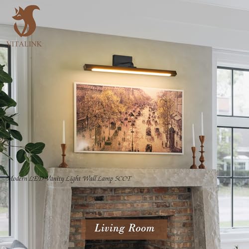 Image of Picture Light 27.5 inch Wood Picture Lights for Wall Hardwired Gold Picture Frame Light Dimmable Art Gallery Light Accent Lighting Bathroom Wall Sconce for Artwork Poster Portrait Library Display 5CCT