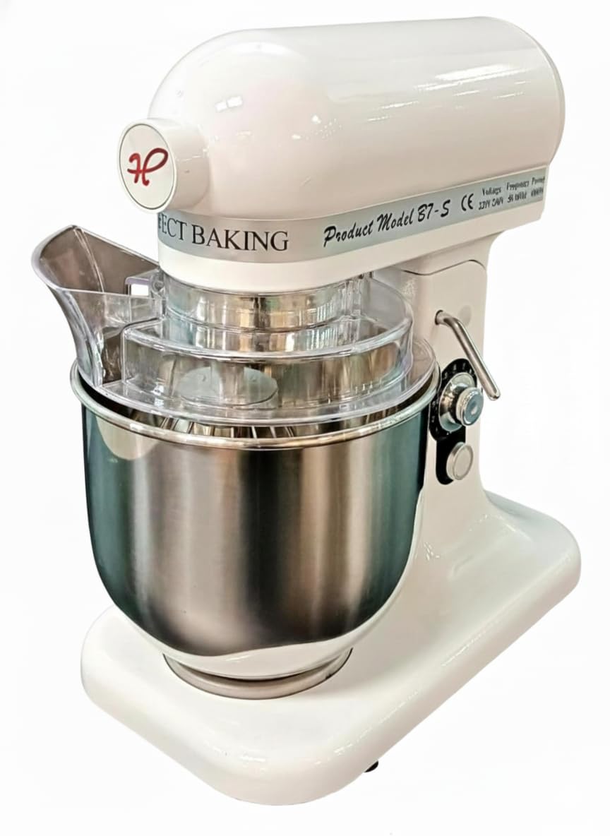 Shoppers Hub PNQ 10 Variable Speed 7 Litres Planetary Mixer B7 All Purpose Heavy Duty Planetary Mixer with Long Lasting Powder Coated Mild Steel Body White Colored with Stainless Steel Bowl and 3 Whisk Attachments for All Types of Dough Atta Cake Mixer Preparations (Bowl Gross Capacity ~ 7 Liters and Normal Kneading Output Capacity per Batch - 0.5 to 1.25 Kilograms Approx)