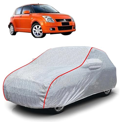 Image of Sulfar 100% Waterproof Car Body Cover Compatible with Mirror for Maruti Suzuki Old Swift (Triple Stitched, Full Bottom Elastic, Magic Silver with Red Piping)