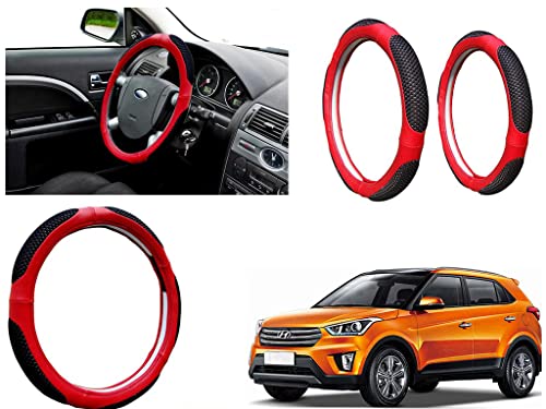 Image of Microfiber Car Steering Wheel Cover, Soft Padding Great Hand Feel, Anti-Slip, Faux Leather Steering Cover for Hyundai Creta Type1 | Black Red Jali - Pack of 1
