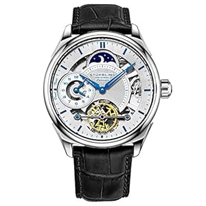 Stuhrling Mens Automatic Dress Watch Stainless Steel with Automatic Skeleton with Duel Time AM/PM Indicator