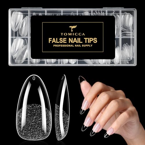 Image of TOMICCA Almond Nail Tips, Long Lasting Soft Gel Nail Tips, No-Buff Required Medium Almond Nails, Full Cover Fake Nails for Nail Extensions Manicure DIY Practice Art Design, 15 Sizes, 120Pcs