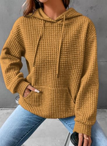 Image of SHEWIN Women Fall Waffle Hoodies Pullover Tops Hooded Sweatshirt