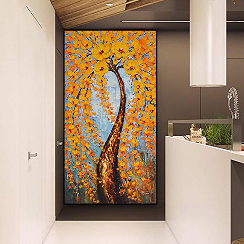 Peinture à l'huile arbre doré 70x140 cm grand format texturé sans cadre