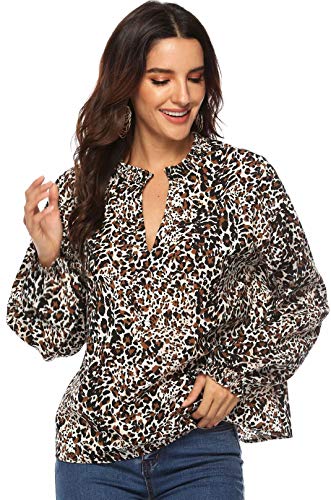 Mujeres Camisa Elegante Blusa Mangas Largas Camiseta Polsillo Escote V (Leopardo, XL/EU 44-46)