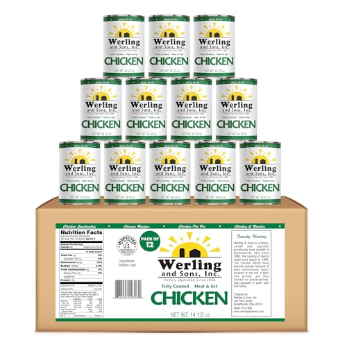 Werling & Sons Canned Chicken 14.5 Oz– Fully Cooked, Ready to Eat | Premium Quality, Recipe-Ready Canned Meat | 5-Year Shelf Life | Pantry Staple for Camping, Survival & Emergency Use | Made in USA | Pack of 12