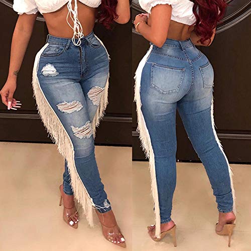 Women's High Waisted Ripped Jeans Cut Out Destroyed Frayed Tassels Distressed Denim Pants2