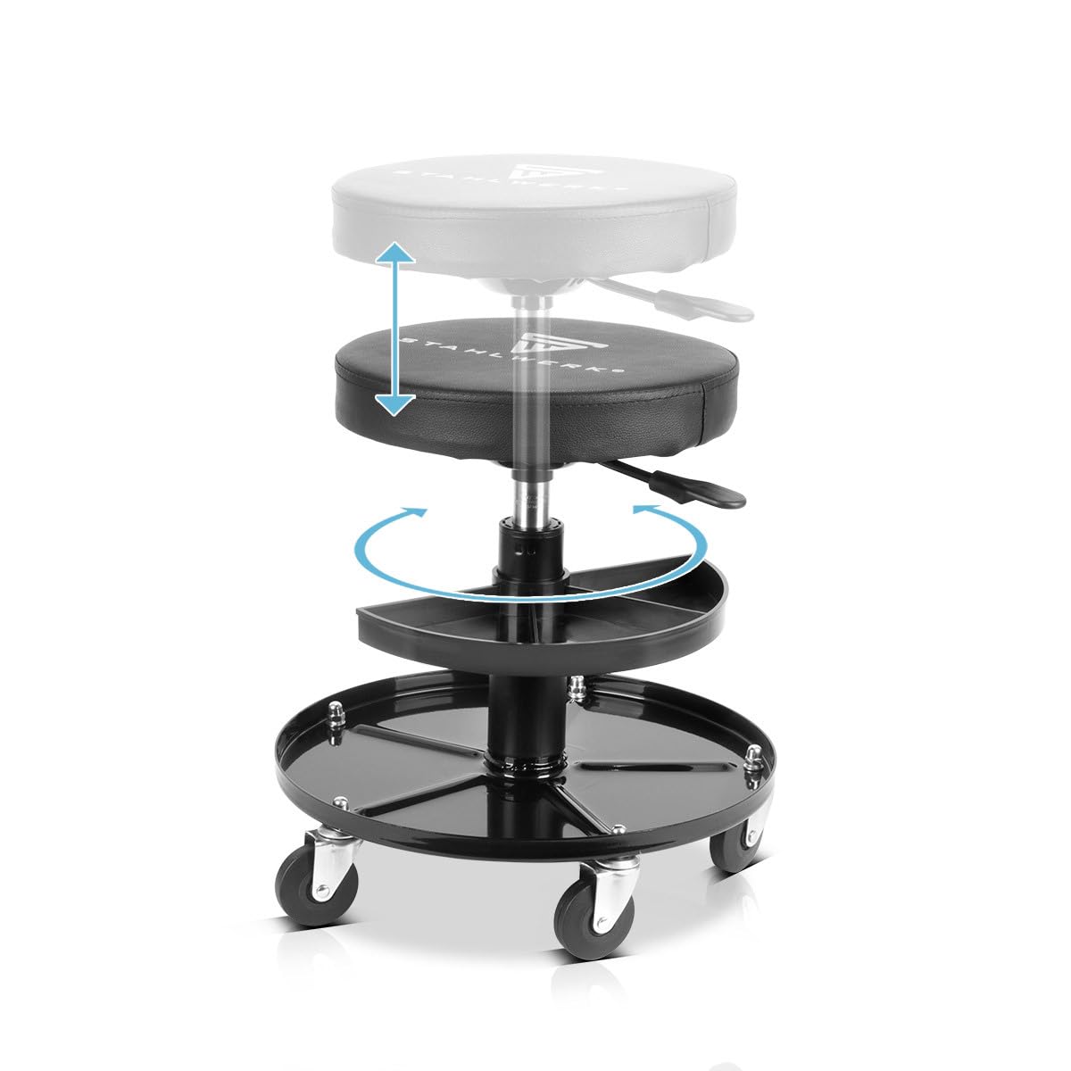 STAHLWERK WRH-295 ST Tabouret d'atelier pivotant avec roulettes pivotantes et compartiments de rangement réglables en hauteur Capacité de charge de 130 kg