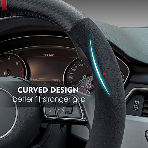 Carodi Suede Carbon Fiber Steering Wheel Cover，Non-Slip Leather Car Interior Fitting 15-inch Universal（D-Shape,Black Suede with Carbon Fiber） by Carodi - Image 4
