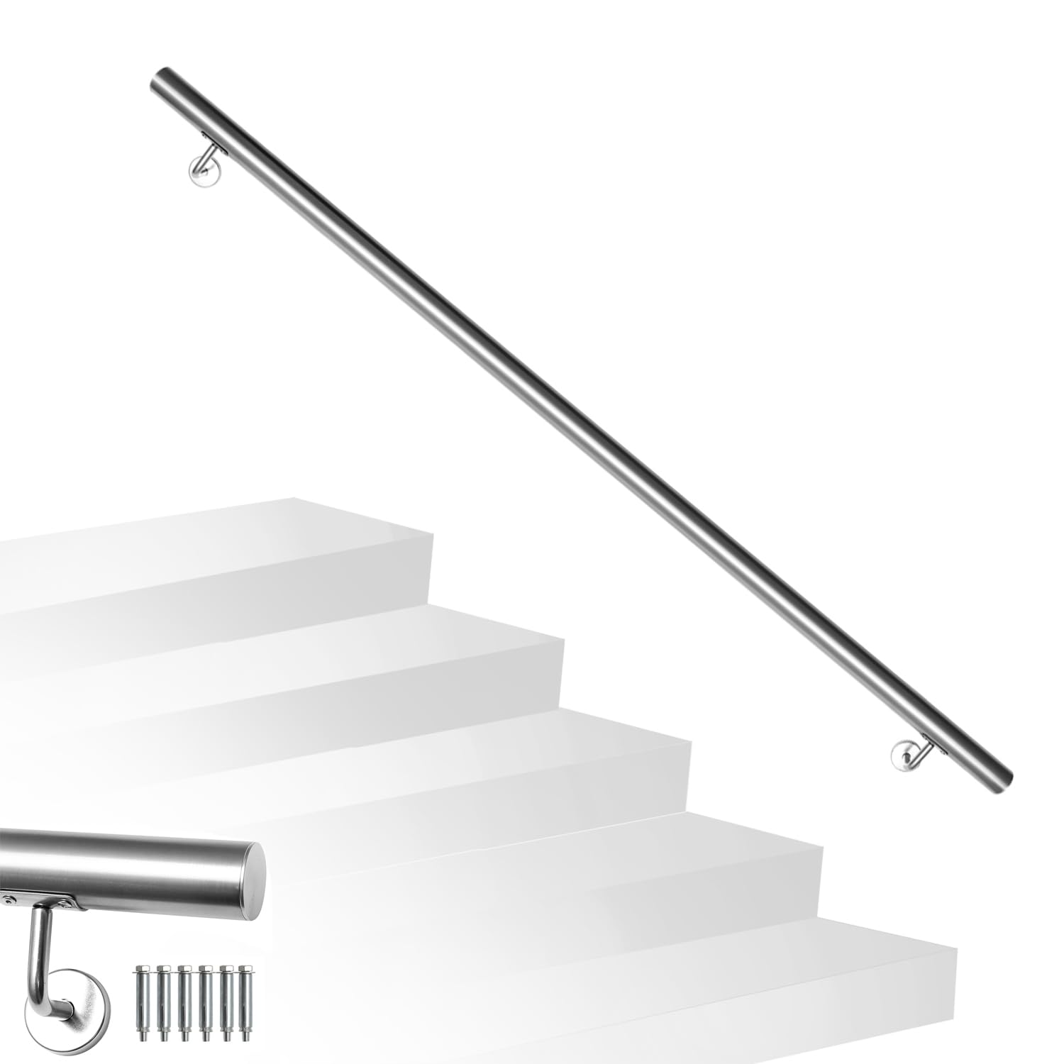 Fiqops Pasamanos de acero inoxidable, 150 cm de diámetro, 42 mm de diámetro, pasamanos de pared, escaleras para exterior e interior, estable, incluye soportes de pared, material de montaje