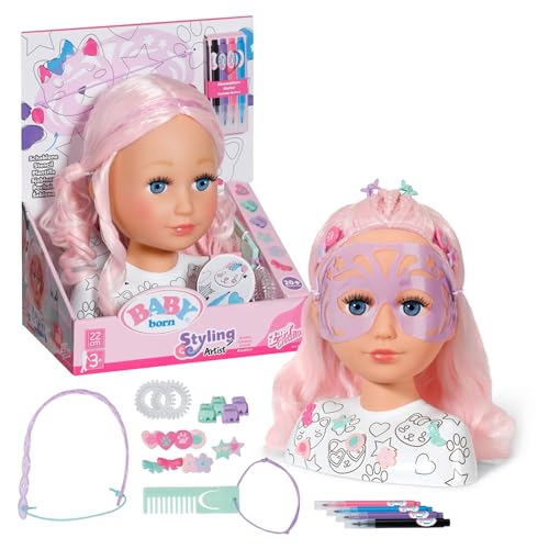BABY born Styling Head Artist, Hairdressing Head for Styling with Face Stencil, Pens, Pink Hair and Over 20 Accessories, for Children Aged 3+, 836033 Zapf Creation