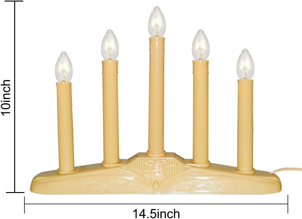 Oviejo 5 Light Window Candle Electric, Christmas Electric Candoliers with Ivory Plastic, Plug in Electric Window Candle Lamp with 6 Clear C7 Bulb (1 Spare Bulb), 5 Watt, Flameless Window Candles